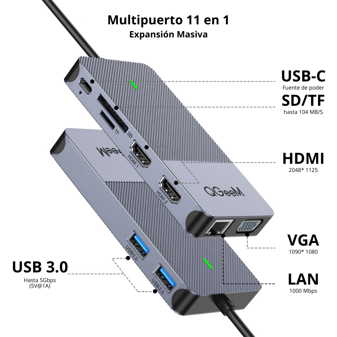 Hub docking multipuerto USB C 3.1 Letos USB 3.0 x 3 + MicroSD + SD